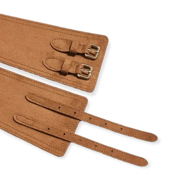 Boho Brown Wide faux suede leather double buckle corset waist elastic belt - Picture 9 of 12